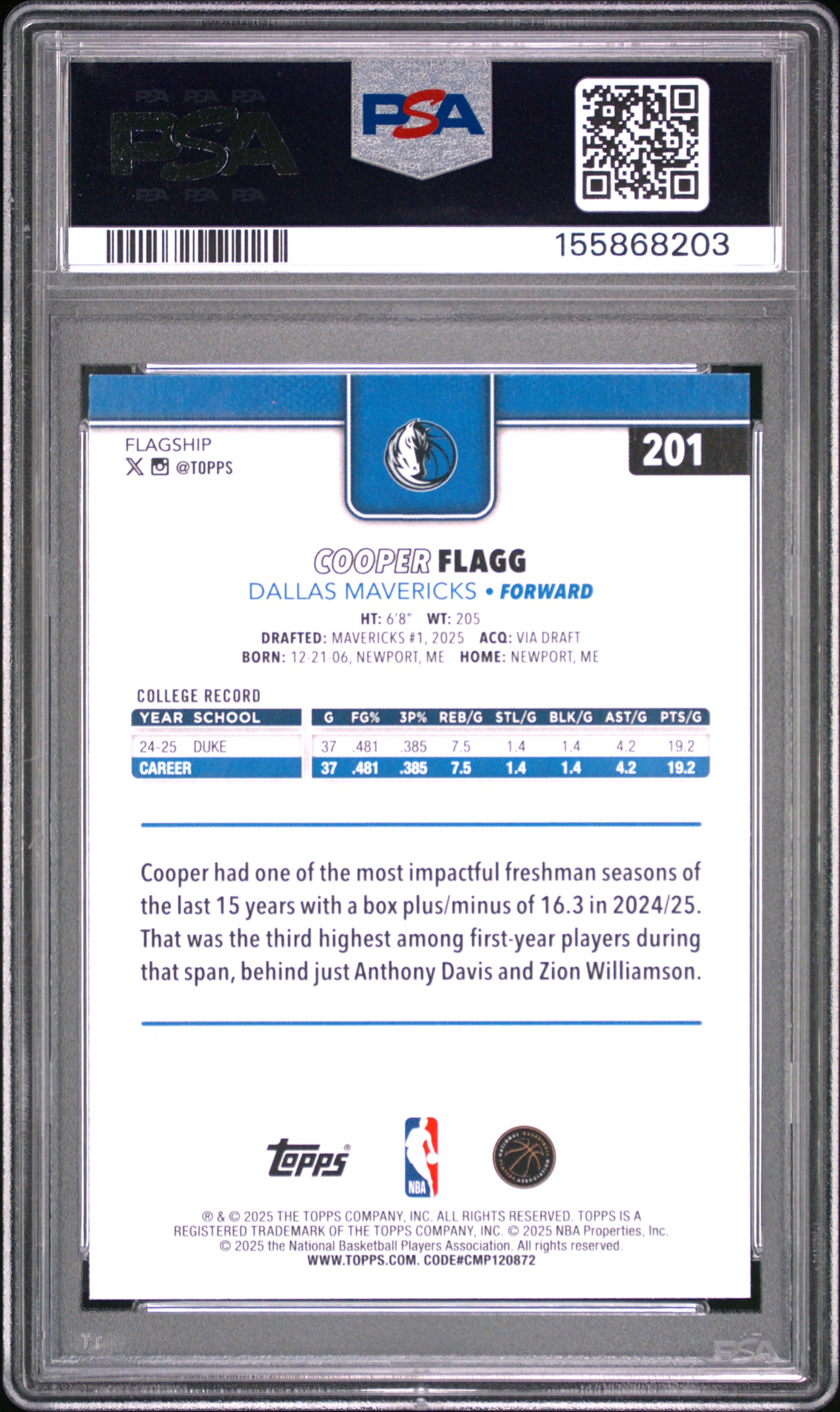 2025 Topps #201 Cooper Flagg PSA 9 #/2025