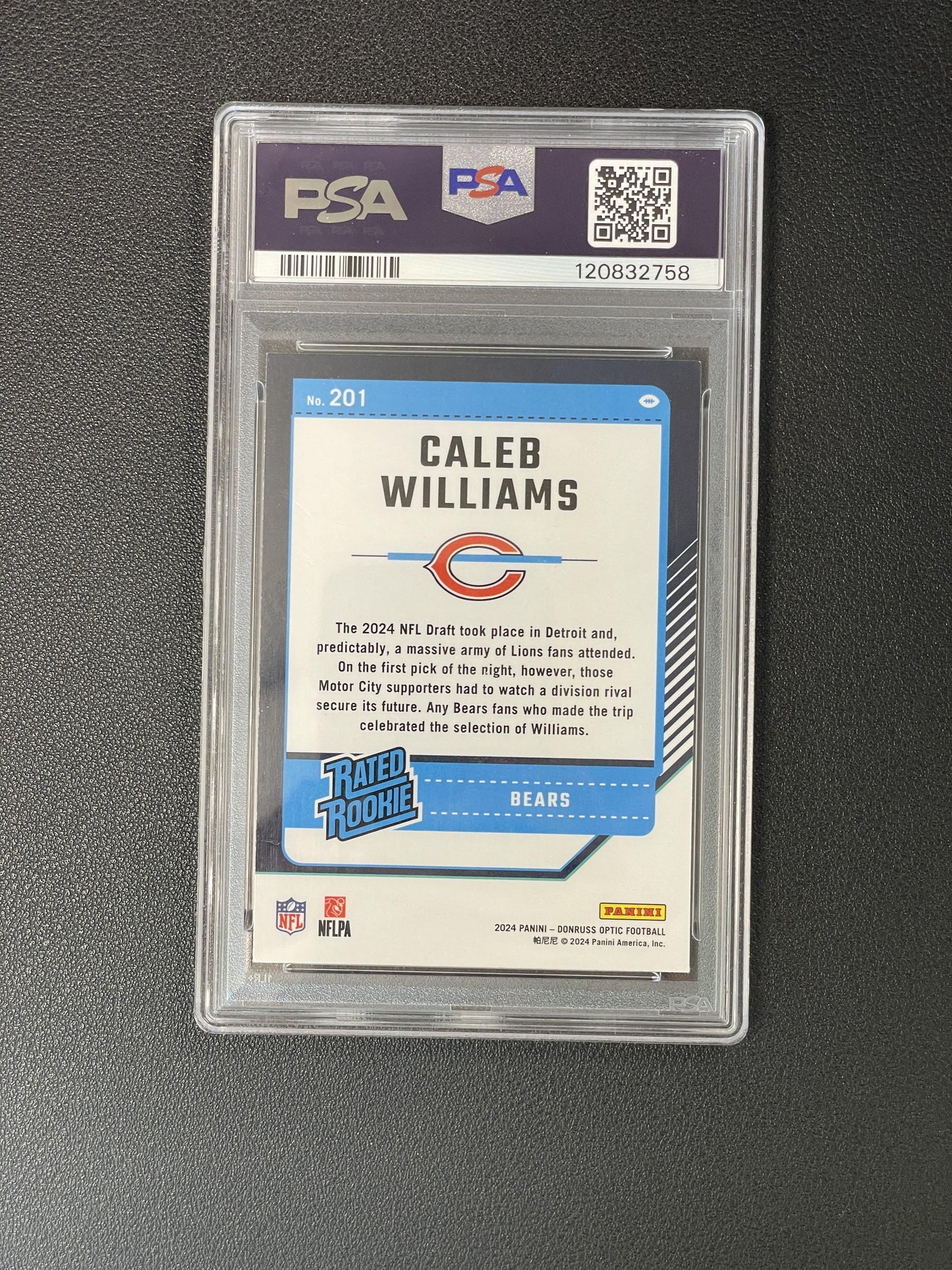 2024 Donruss Optic #201 Caleb Williams Purple Shock PSA 10