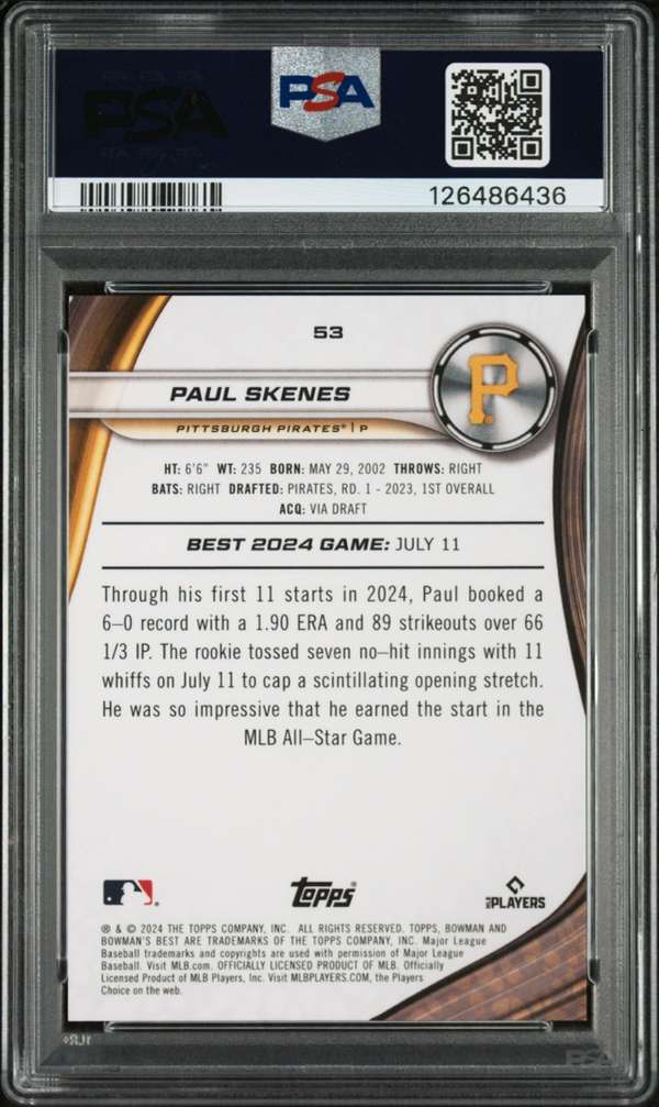 2024 Bowman'S Best - Orange Refractor #53 PAUL SKENES PSA PSA 9 SN126486436