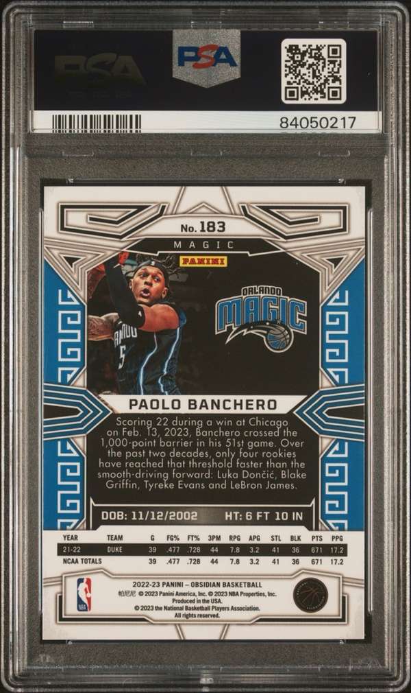 2022 Panini Obsidian - Electric Etch Asia #183 PAOLO BANCHERO PSA 10