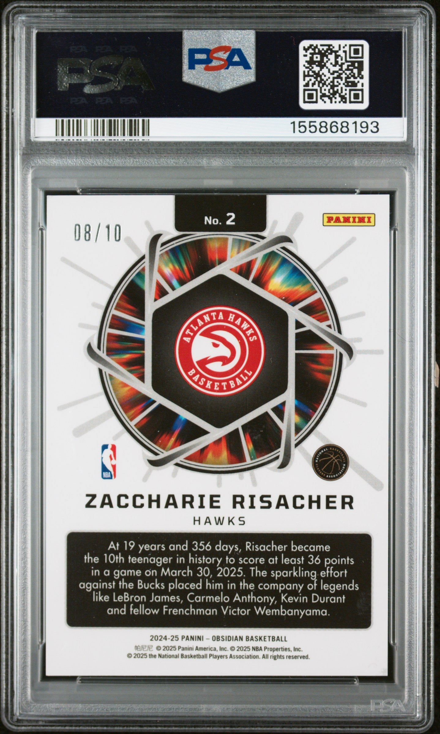 2024 Panini Obsidian #2 Zaccharie Risacher Supernova E/E Gold Flood /10 PSA 10